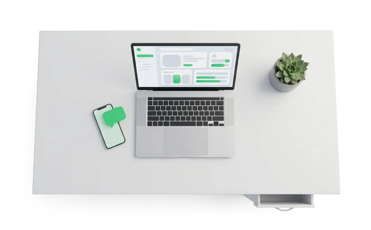Mesa limpa com o sistema aberto no notebook e o WhatsApp no celular