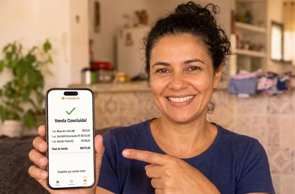 Vendedora comemorando uma venda concluída no celular